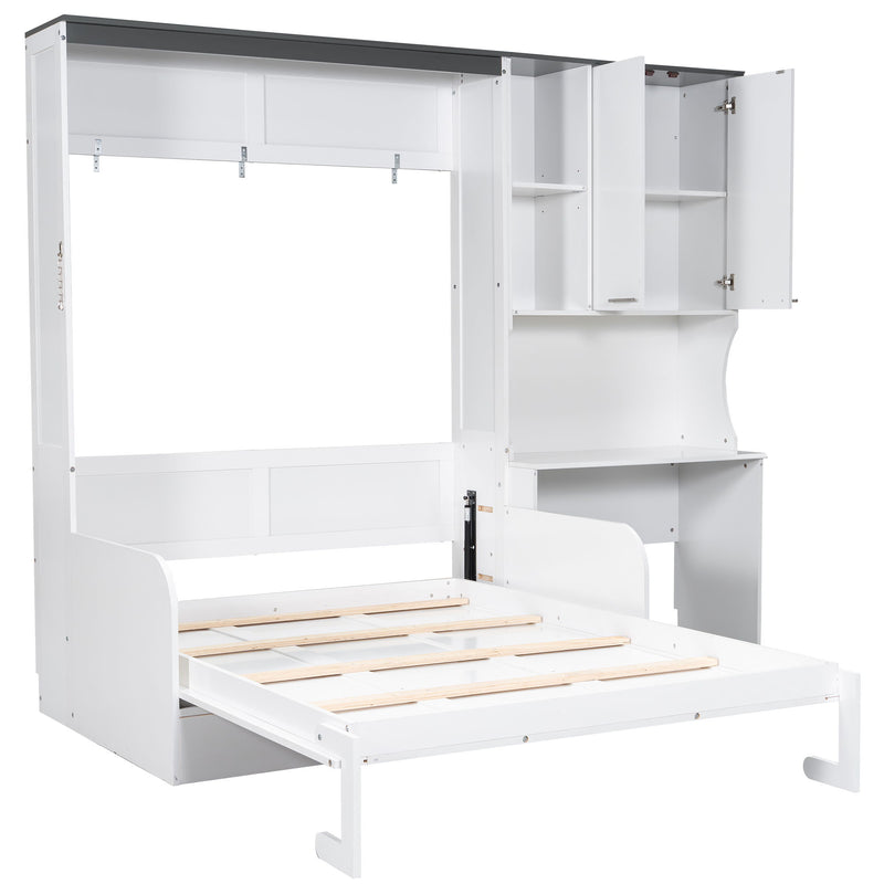 Multi Functional Murphy Bed With Sofa, Desk, And Storage Cabinet In, Full Size - White