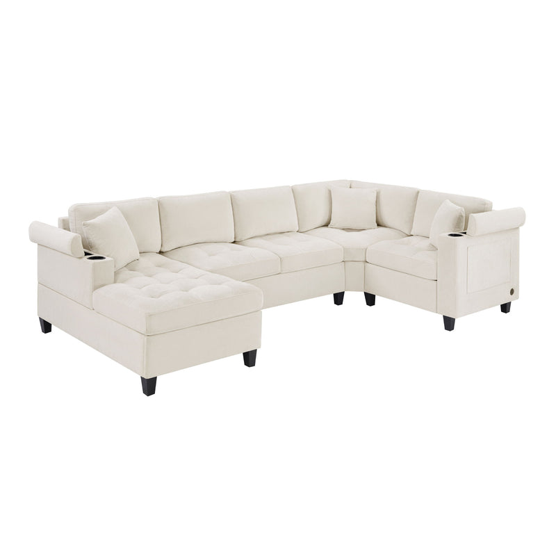 U Shaped Sectional Sofa, Corner Living Room Couch With Built In Cup Holders, Storage, USB Ports