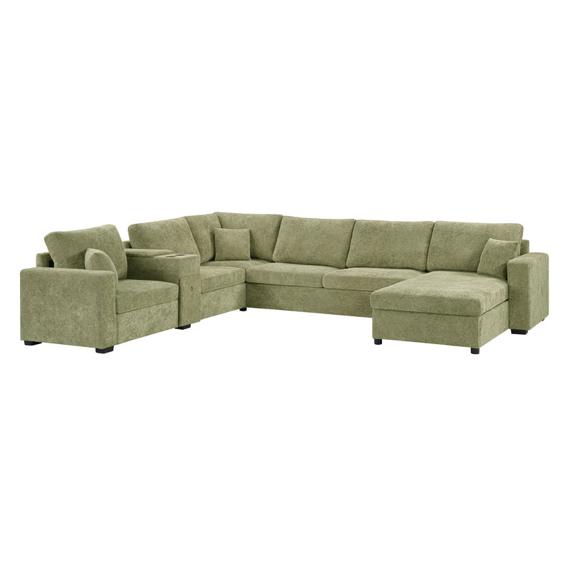 Modular 5 Seat U-Shape Sectional Sofa With Chaise Lounge, Built In Cup Holders And Storage Drawer