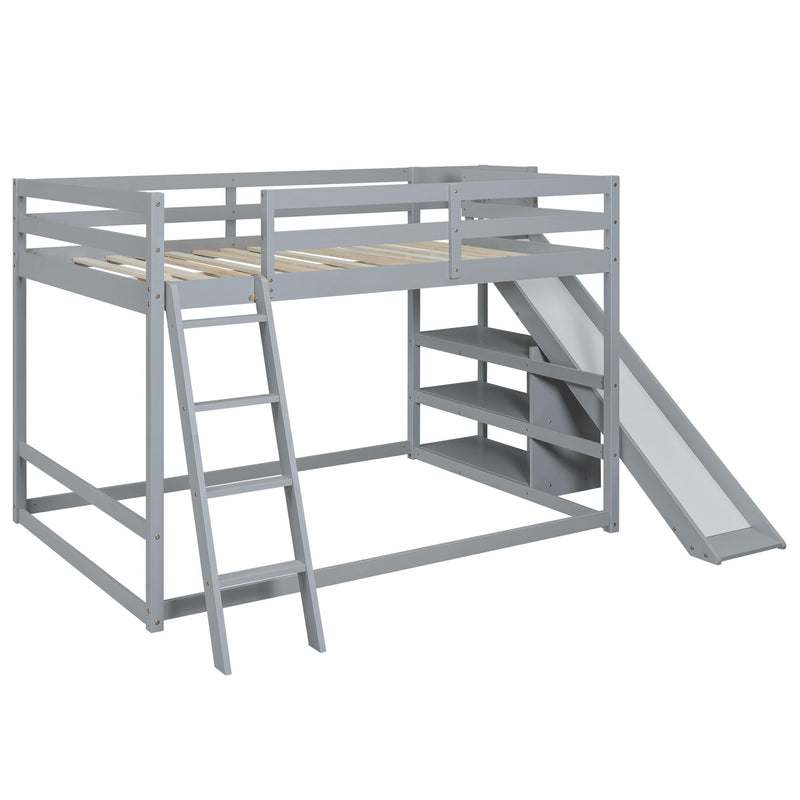 Bunk Bed With Ladder, Slide, And Shelves Pine Wood
