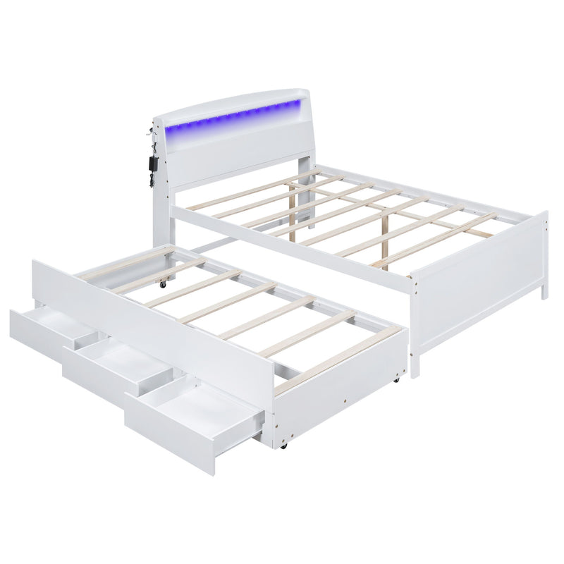 Full Size Platform Bed With Storage LED Headboard, Twin Trundle And 3 Drawers - White