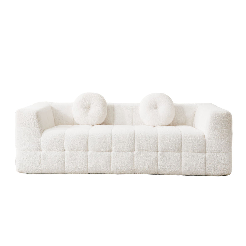 Boneless 3 Seater Sofa With Circular Throw Pillows - Beige