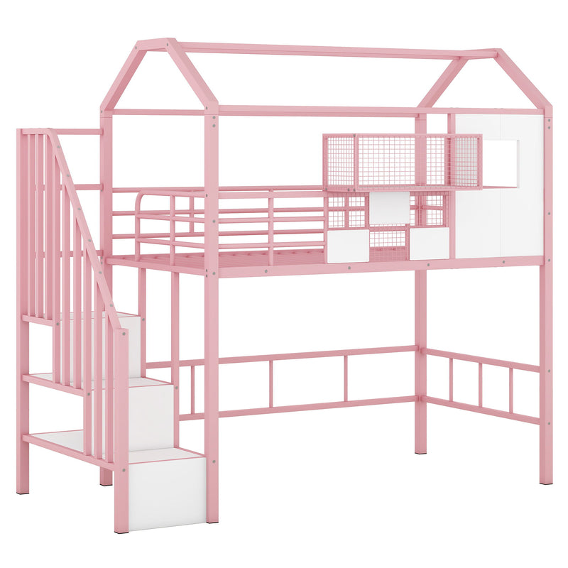 Metal Loft Bed With Roof Design And Storage Box With Guardrails And Integrated Ladder