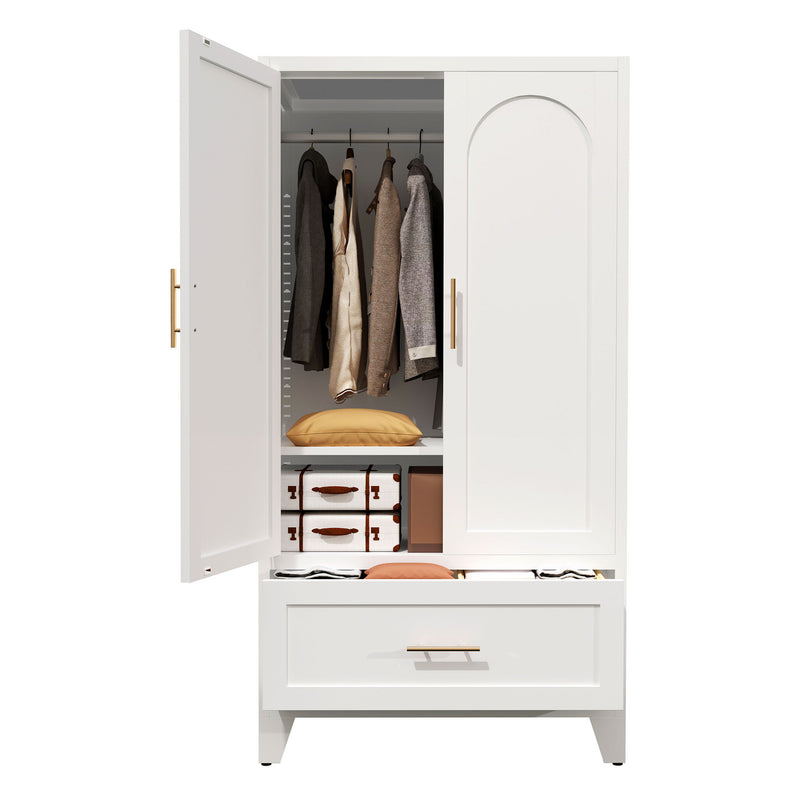 Wardrobe Cabinet With 1 Drawer And Hanging Rod, 2 Doors Closet With Shelf For Bedroom - White