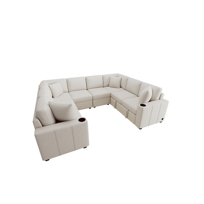 Modern U-Shaped Sectional Sofa Convertible Pull-Out Sofa Bed With USB Ports And Cup Holders