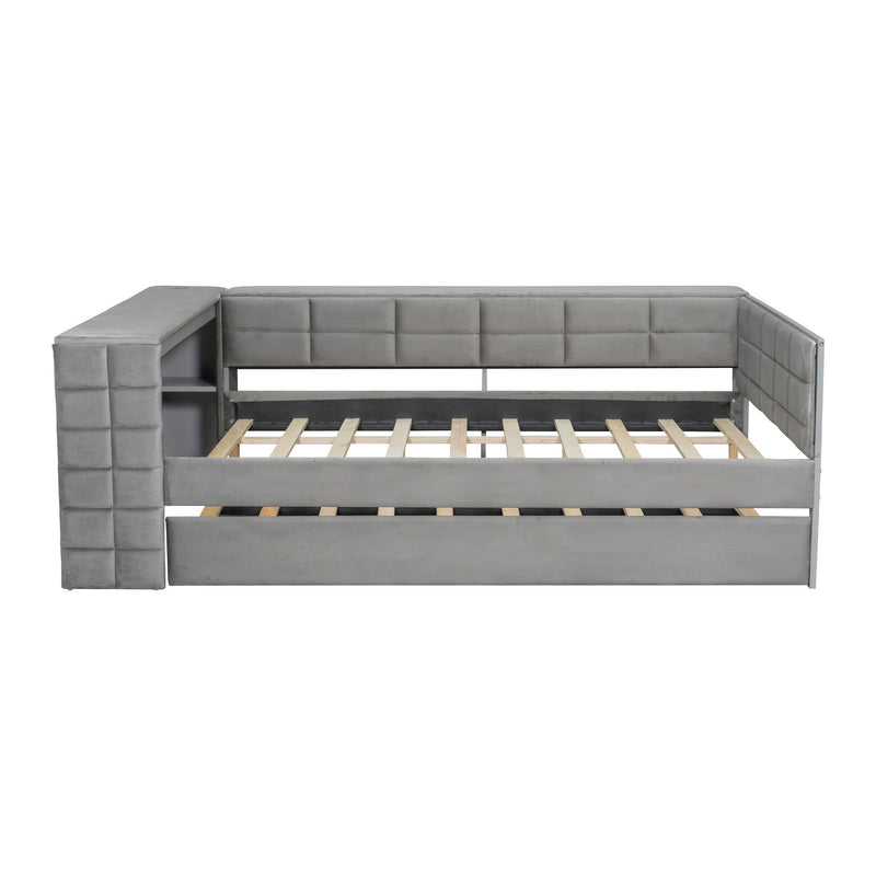 Upholstered Platform Bed With Storage Shelves, Desk, Charging Station And Trundle