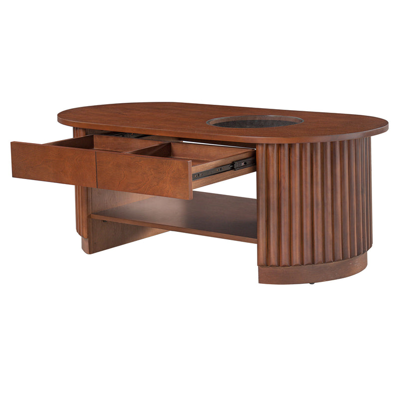 Fluted Oval Coffee Table With Drawers, 2 Tier Cocktail Table