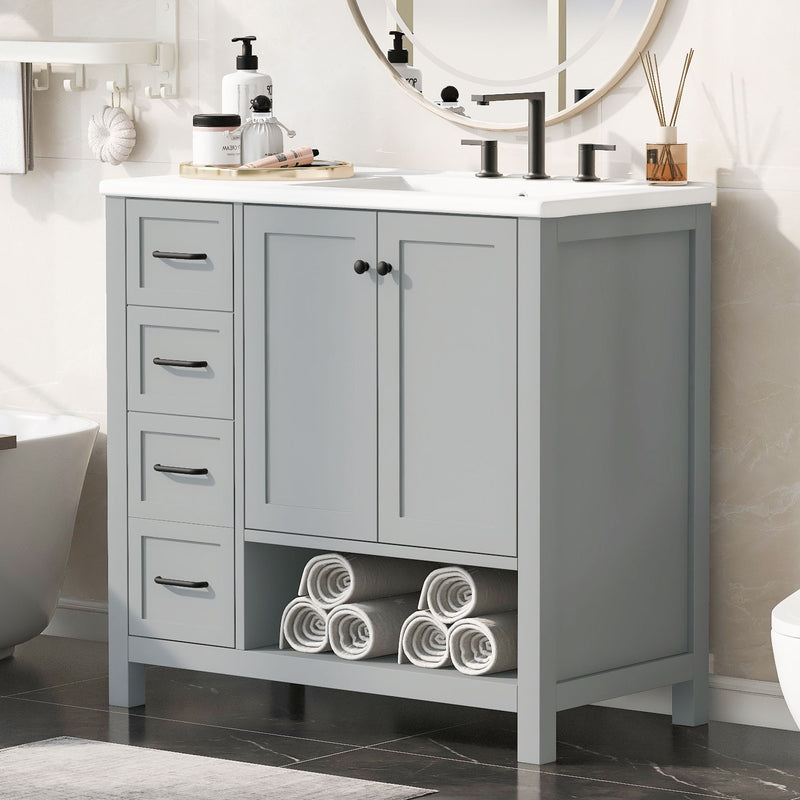 Bathroom Vanity With Sink Top, Bathroom Vanity Cabinet With 2 Doors And 2 Drawers, Open Shelf