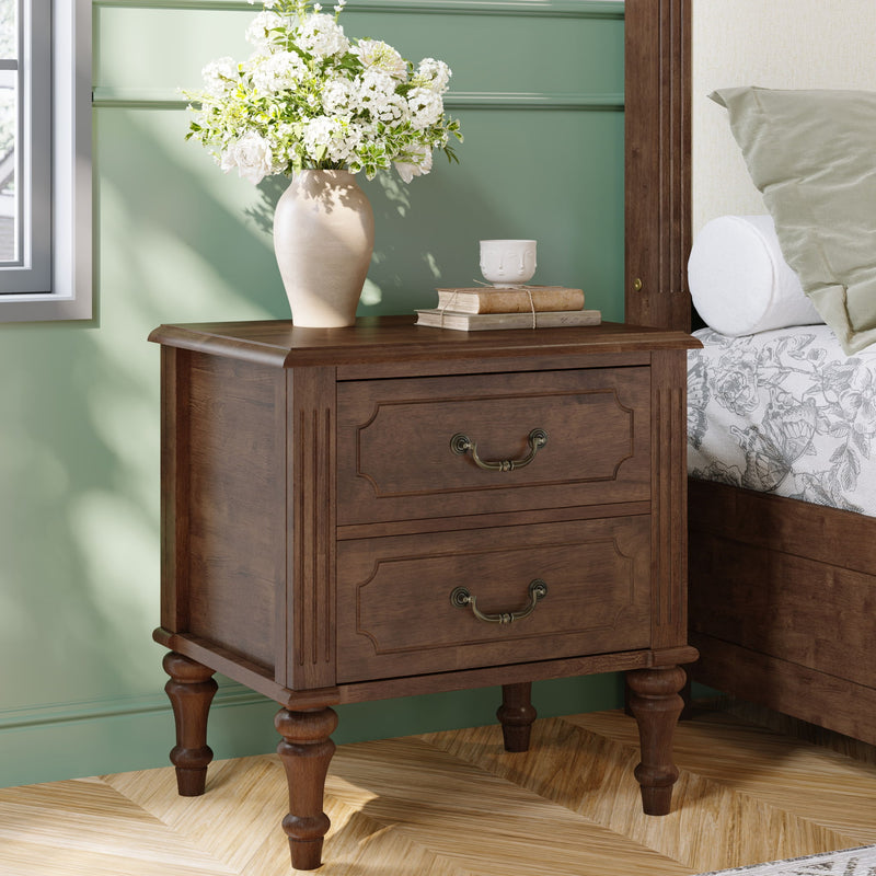 Fluted Nightstand With 2 Drawers, Bedside Table - Walnut