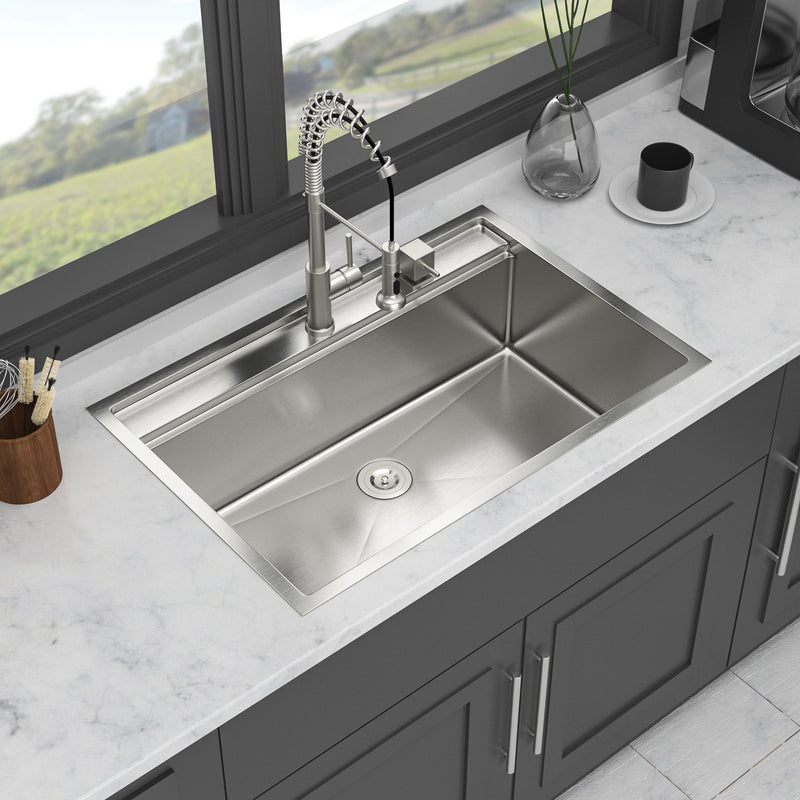 33" Drop In Kitchen Sink With Workstation, 16 Gauge Stainless Steel - Brushed Nickel