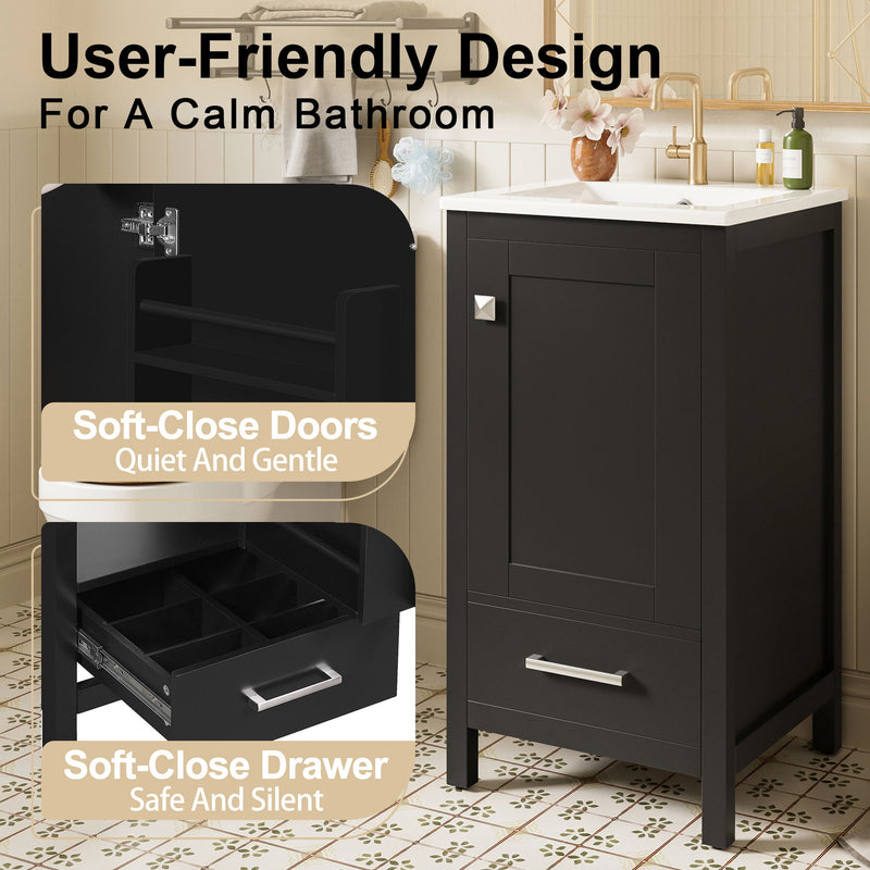 Bathroom Vanity With Ceramic Sink, Soft Close Drawers, Door Organizer, Divider Drawer, Adjustable Foot Pads