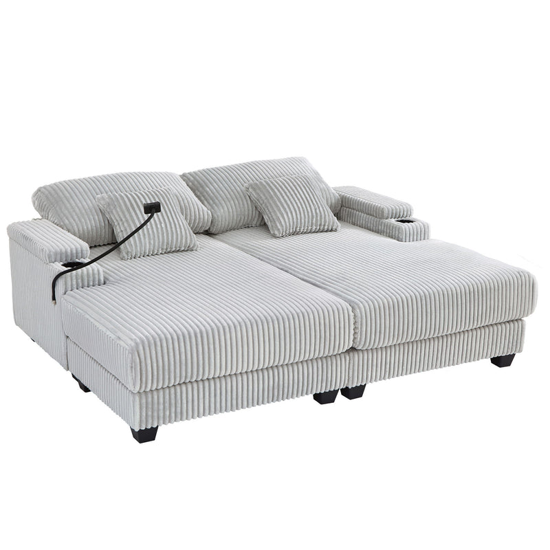 Chaise Sofa With Adjustable Backrest, Cup Holders, Phone Holder & Storage Compartments For Living Room - Light Gray