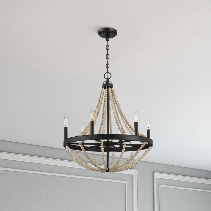 Starry - Chandelier 6 Candle Light Wood Beaded Pendant Light For Dining Room - Black / Clear
