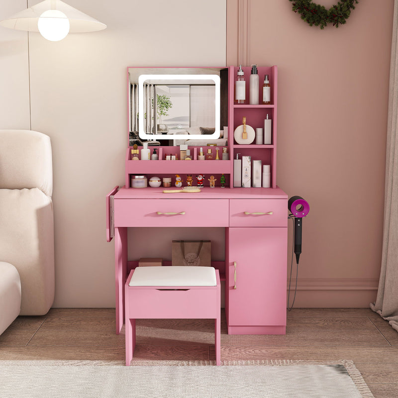 Vanity Desk With LED Mirror Lights And Charging Outlet
