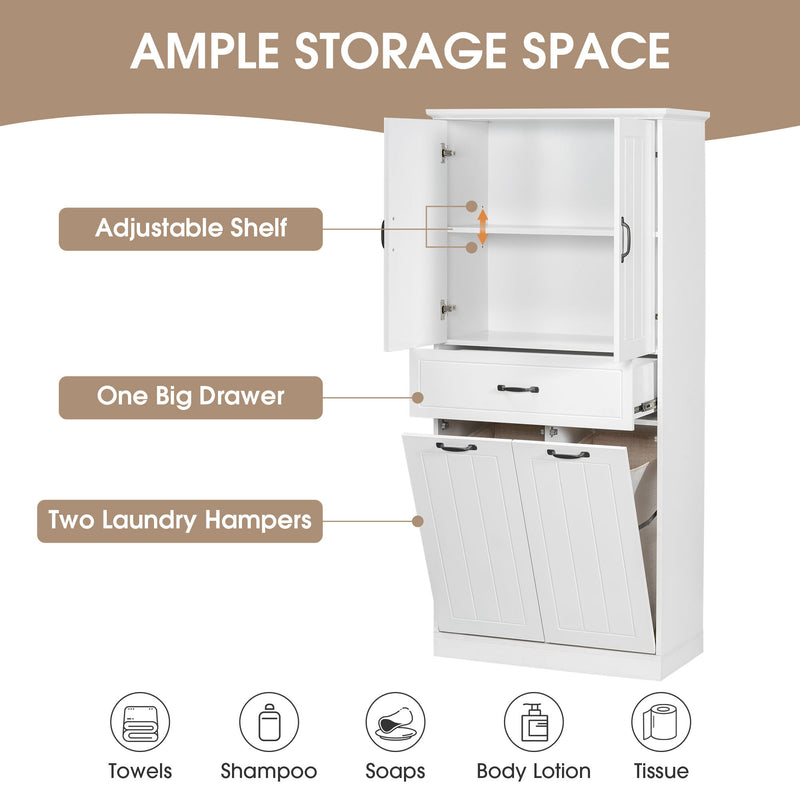 Modern Bathroom Storage Cabinet With Two Laundry Baskets, One Drawer, Adjustable Shelf