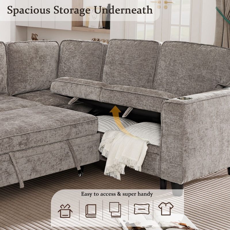 L-Shaped Sofa With Pull Out Sofa Bed With USB