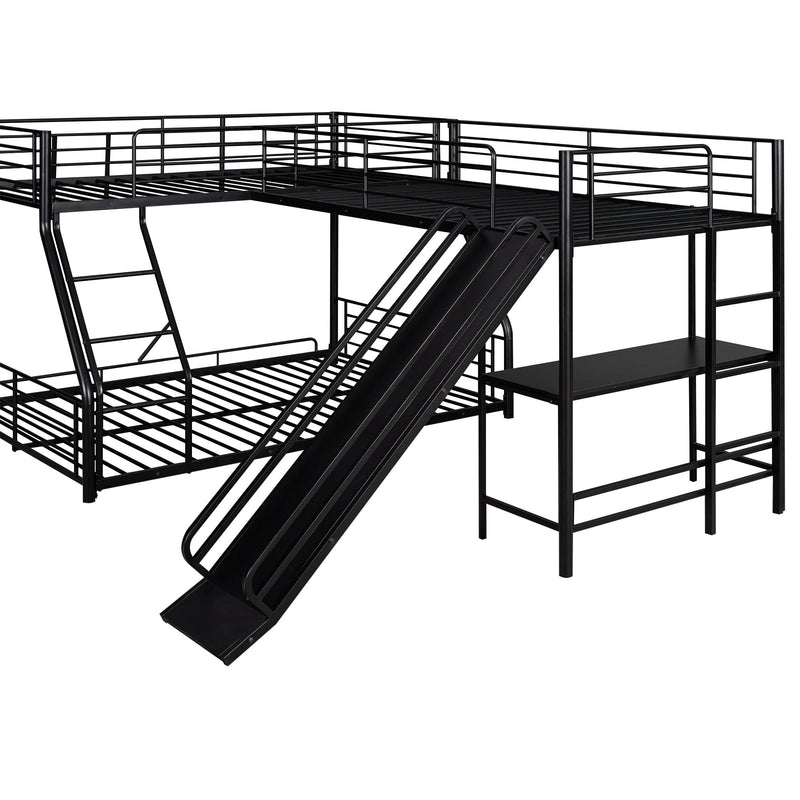L-Shaped Twin Over Full Bunk Bed With Twin Loft, Built In Desk And Slide - Black