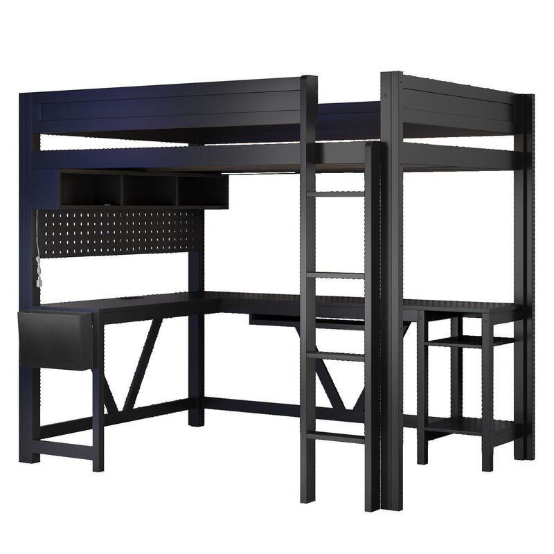 Gaming Loft Bed With Desk, Storage Shelves, LED And Charging Station
