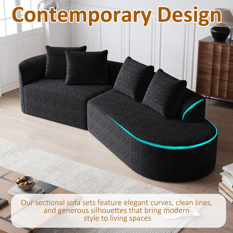 Upholstered Oversized Sectional Sofa, 4 Seater Extra Deep & Wide Curved Cloud Couch With 4 Throw Pillows For Living Room - Black