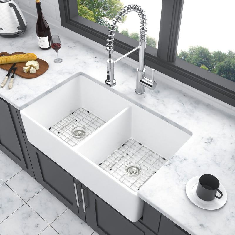 Double Bowl Apron Front Kitchen Sink 32", Sturdy And With Scratch Resistant - White