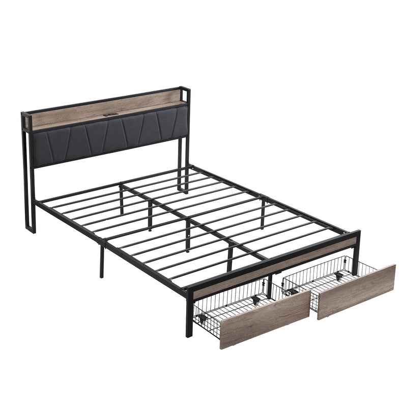 Modern Bed Frame With LED Lights, Upholstered Headboard, USB Charging