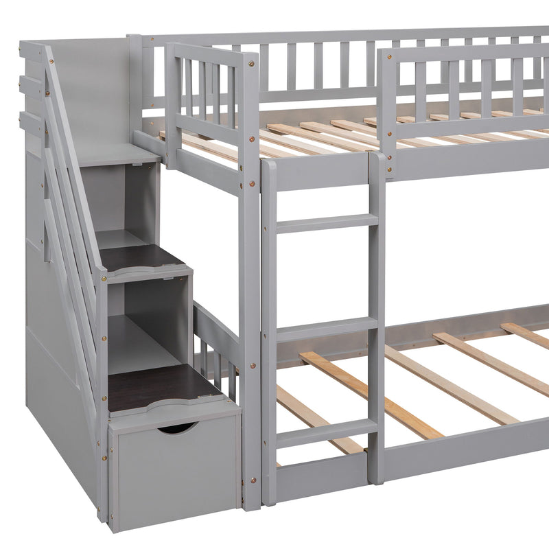 Twin Over Twin Bunk Stairway Bed With 2 Drawers And Slide - Gray