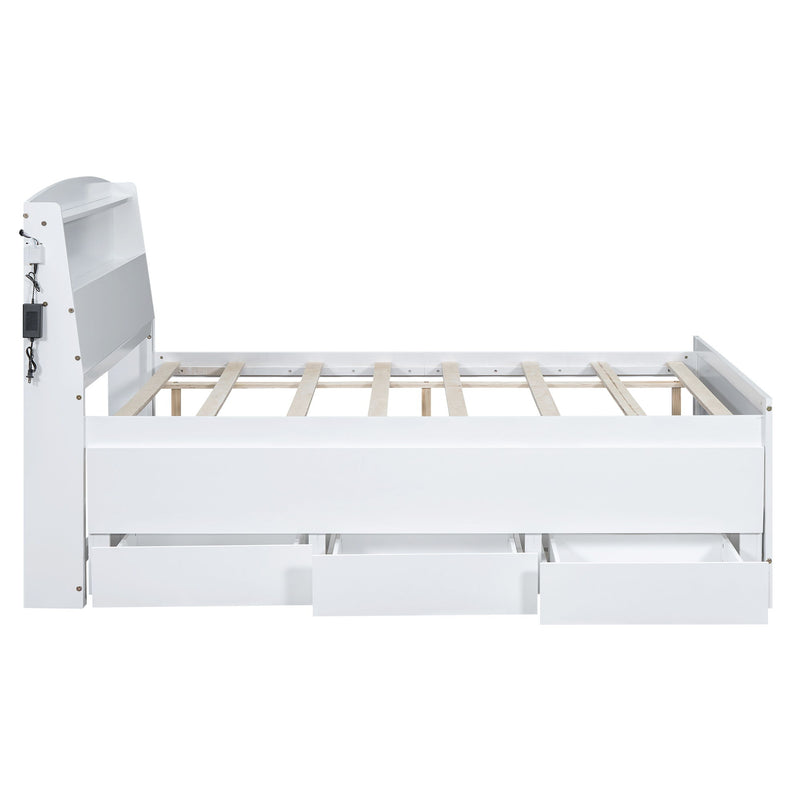 Full Size Platform Bed With Storage LED Headboard, Twin Trundle And 3 Drawers - White
