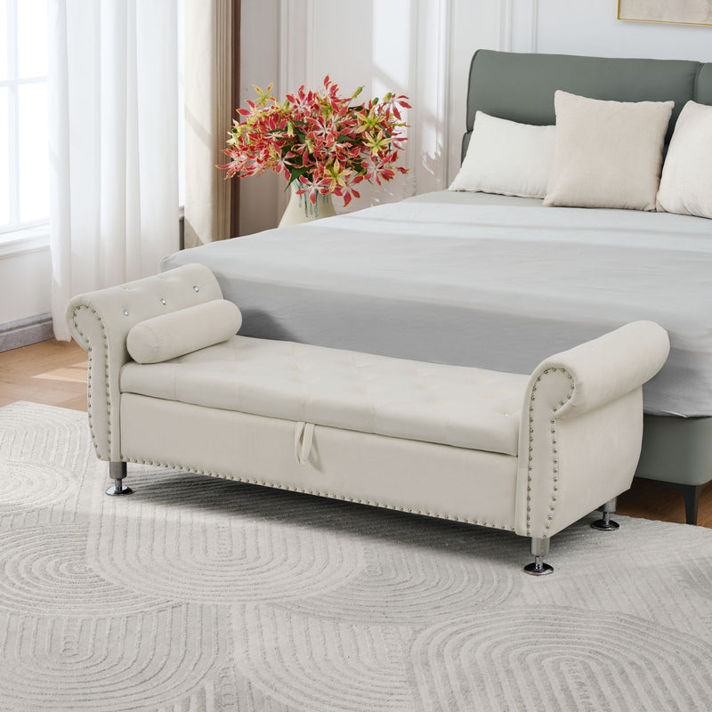 Storage Bench With Crystal Buttons And 1 Pillow For Bedroom