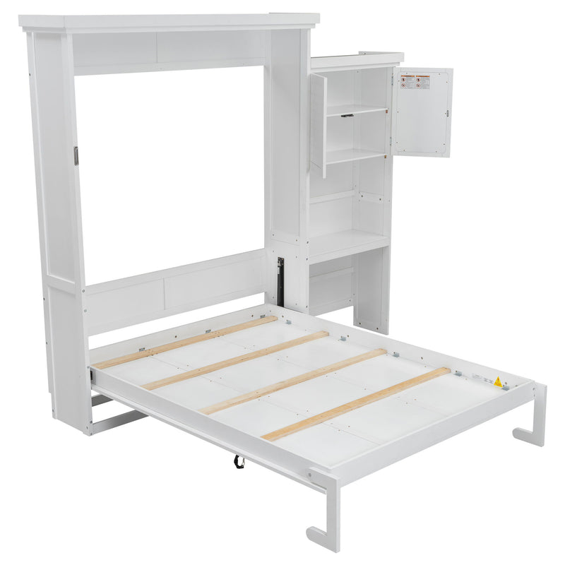 Queen Size Murphy Bed With Louvered Design And Multiple Storage Shelves - White