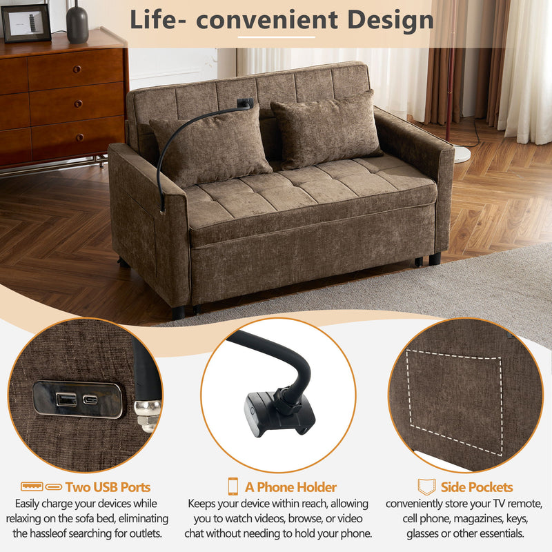 Pull-Out Sleeper Sofa With Reversible Backrest Cushion, Side Pockets, 2 USB Ports And A Phone Holder For Living Room