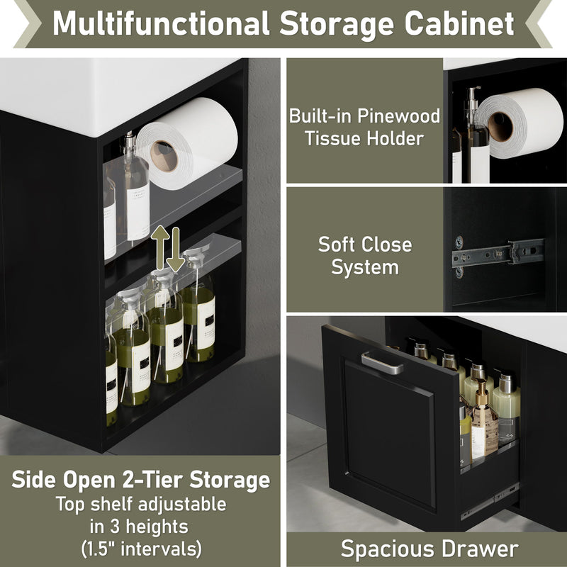 Modern Wall Mounted Bathroom Vanity With Sink, Soft Close Drawer, Adjustable Shelf, Toilet Paper Holder