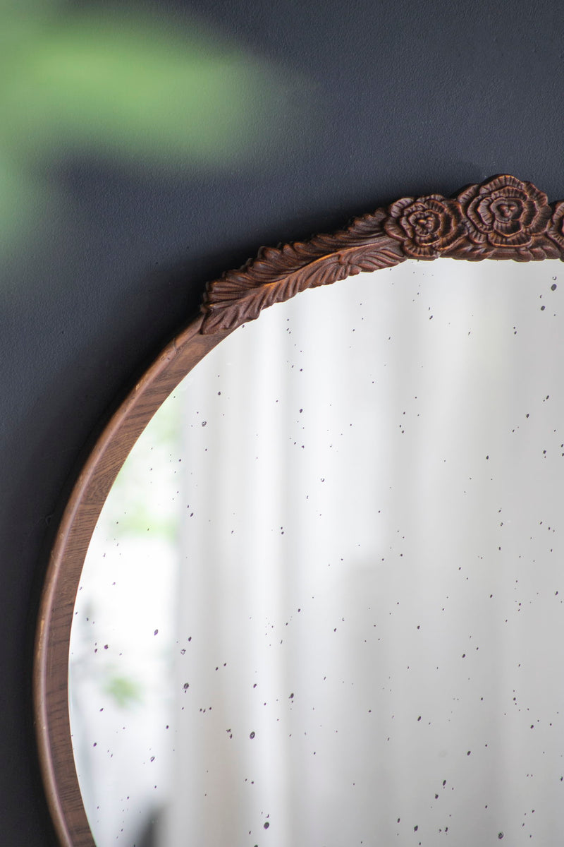 Round Hand Carved Rose Antique Mirror Frame, Wall Mirror For Live Space