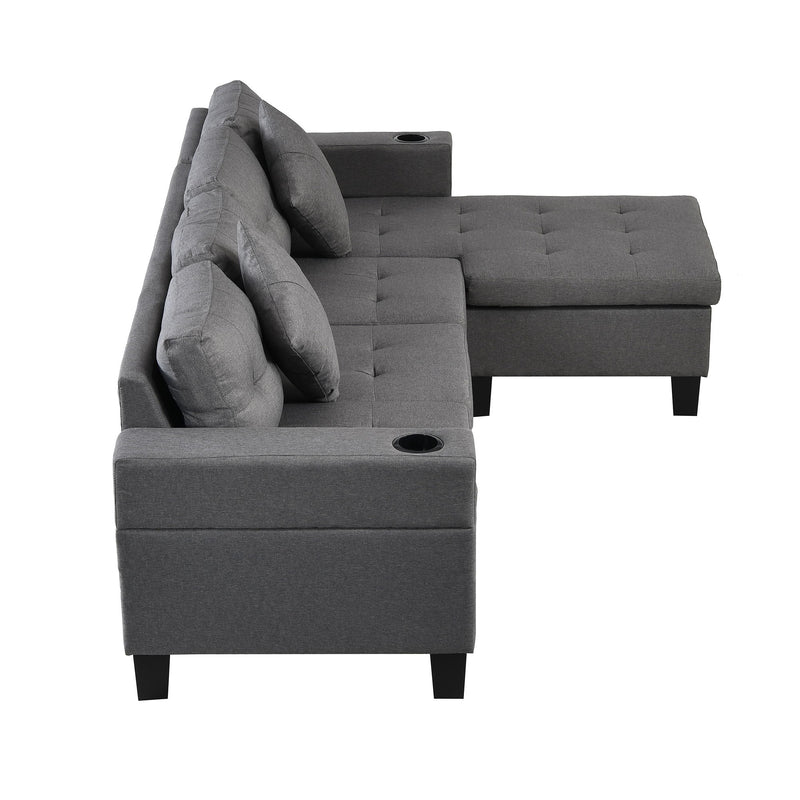 Modern Sectional Sofa Set With L Shape Chaise Lounge, Cup Holder, 4 Seat - Gray