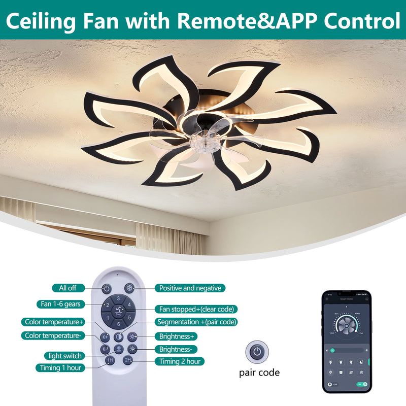 Flower Ceiling Fan With Remote Controlled LED Light, Flush Mount DC Motor Fan