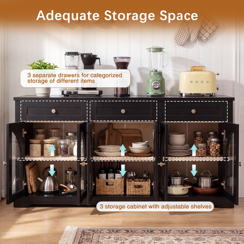 Sideboard Cabinet With 3 Drawers And 6 Arched Glass Doors