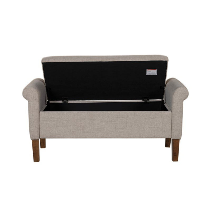 Upholstered Storage Bench With Rolled Armrests - Beige