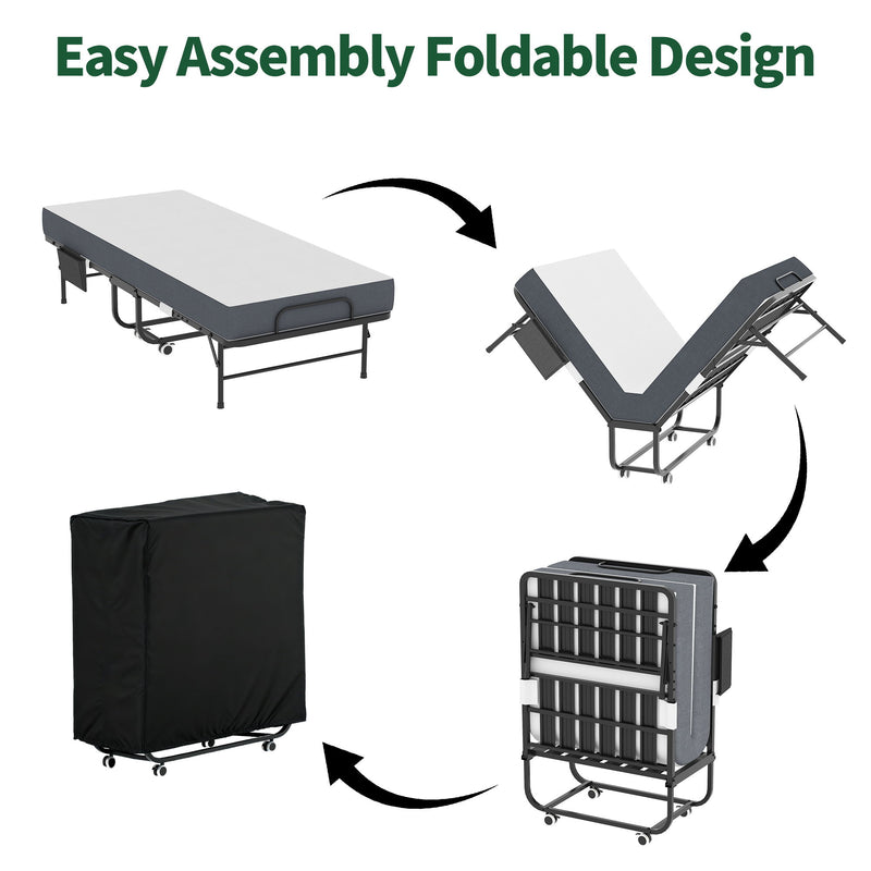 Twin Folding Bed With Memory Foam Mattress, Space Saving Rollaway Guest, On Wheels, Portable For Adults & Guests - Black