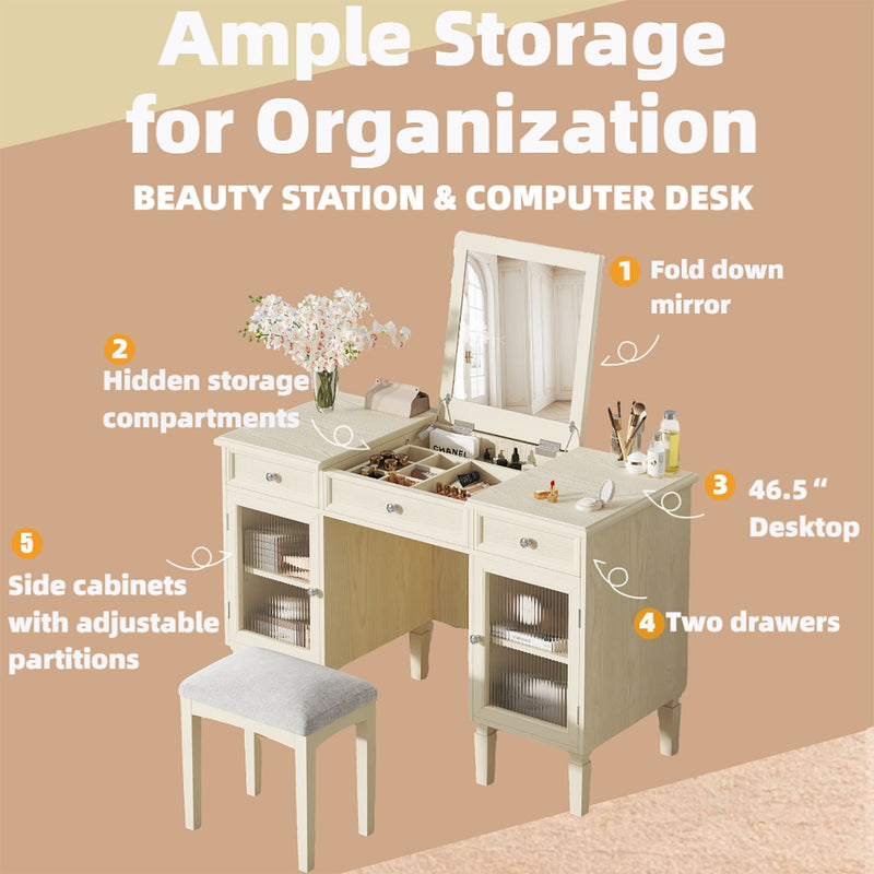 Multi Functional 2 In 1 Vanity Desk With Flip Top Mirror Material - White Oak