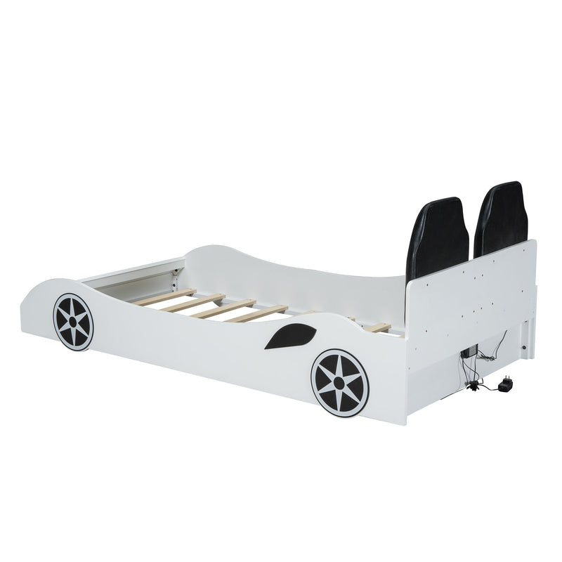 Race Car Shaped Platform Bed With LED And Upholstered Backrest In
