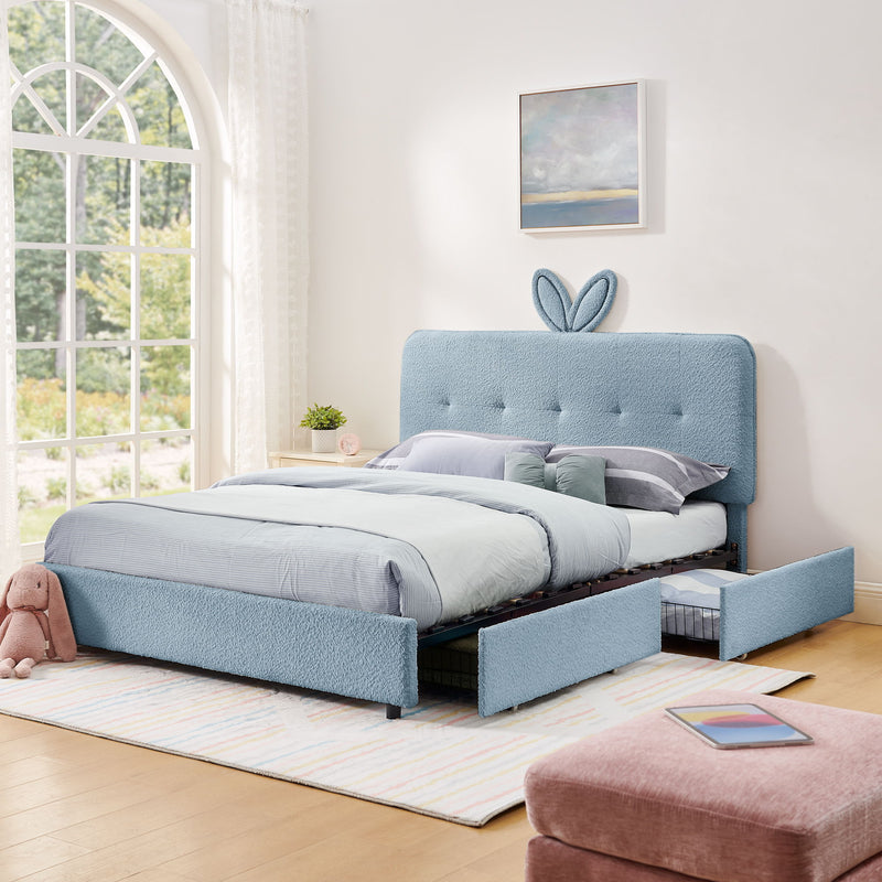 Upholstered Bed With Oversized Rabbit Ear Headboard, LED Lights & 4 Storage Drawers