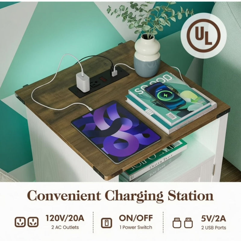Farmhouse Nightstand With Charging Station & Storage