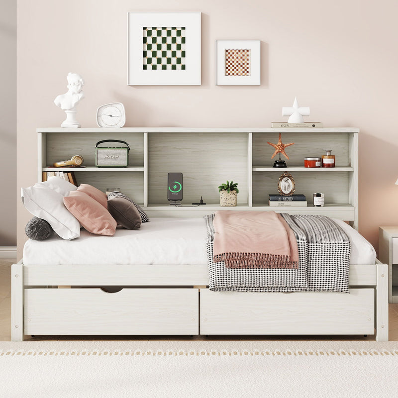 Bed Frame With Side Bookshelves, 2 Drawers, And Built In USB Port
