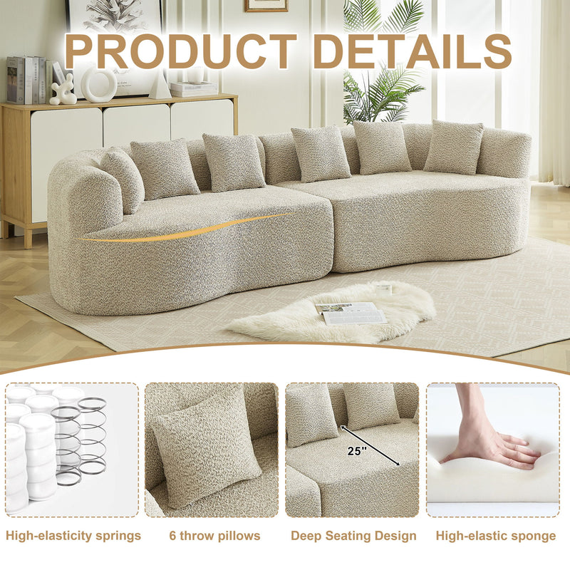 Curved Sectional Oversized Bone Free Cloud Sofa With 6 Pillows, 4 Seater With Deep Seat - Light Khaki