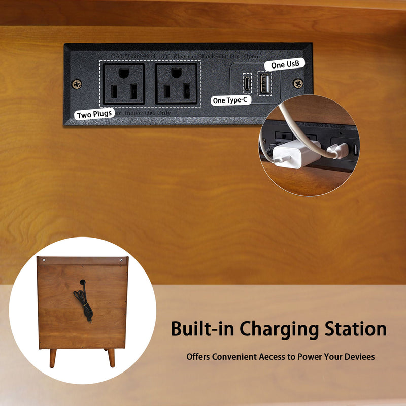 3 Drawer End Table With Charging Station For Bedroom - Natural Wood