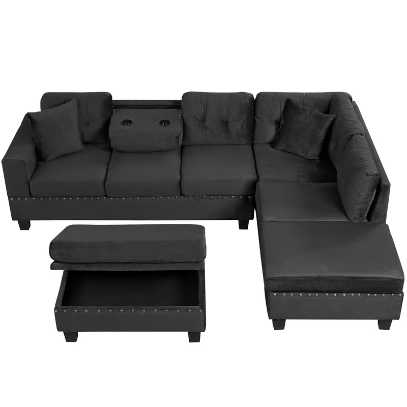 Modern Sectional Sofa With Storage Ottoman, L - Shape Couch With 2 Pillows And Cup Holders