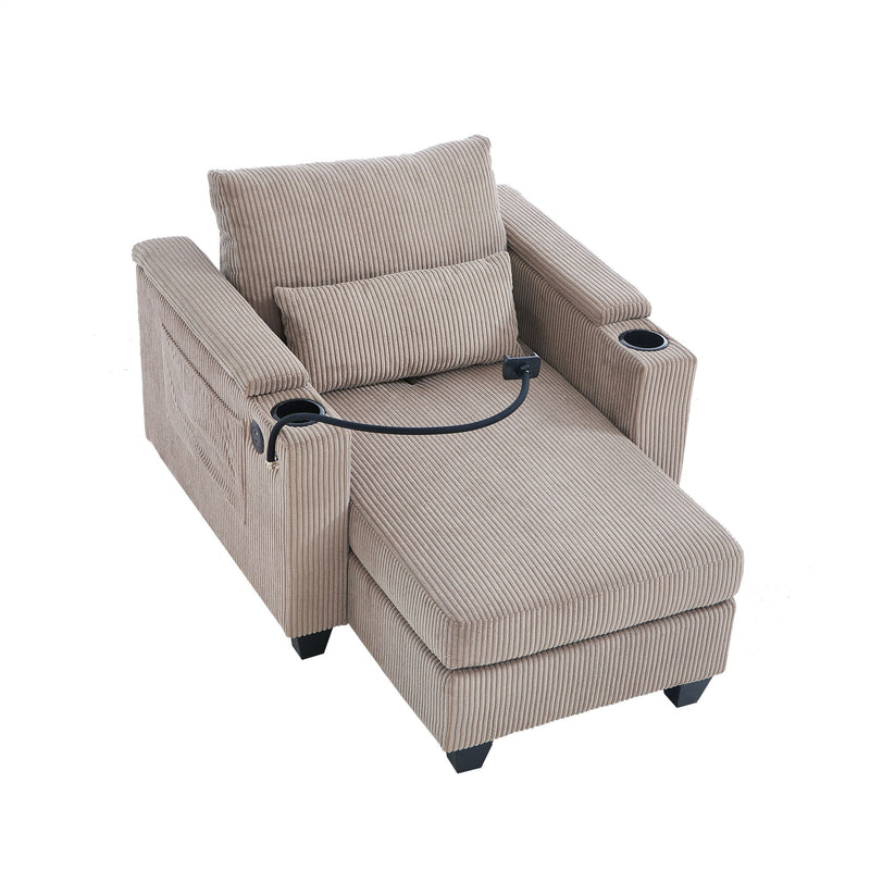 Convertible Chaise Lounge Sofa Chair With USB Ports, Cup Holders, Phone Holder And Storage