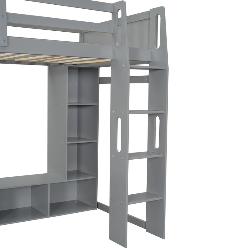 Gaming Loft Bed With Desk, Multi Storage Shelves, LED Lighting, And Hanging Clothes Rack