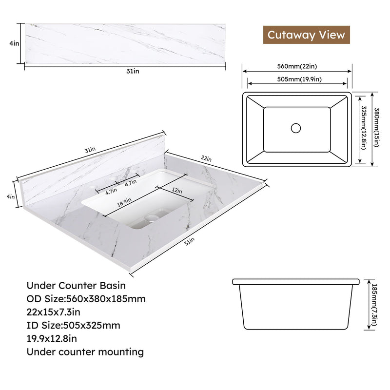 Bianco Carrara Venato Elegant Marble Vanity Top, Bathroom Vanity With Undermount Sink, Sintered Stone
