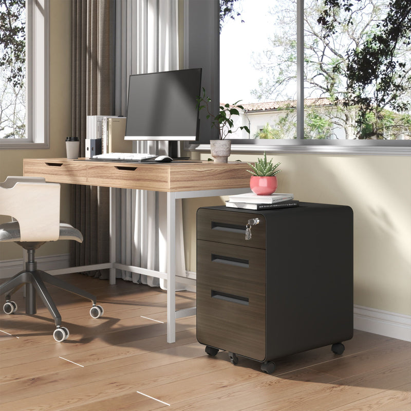 3-Drawer Mobile File Cabinet With Lock, On Casters, Holds A4/Letter Files