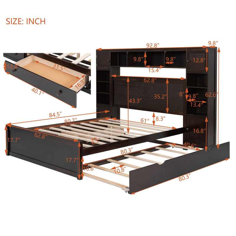 Bed With All In One Cabinet, Shelf And Sockets, Twin Long Trundle